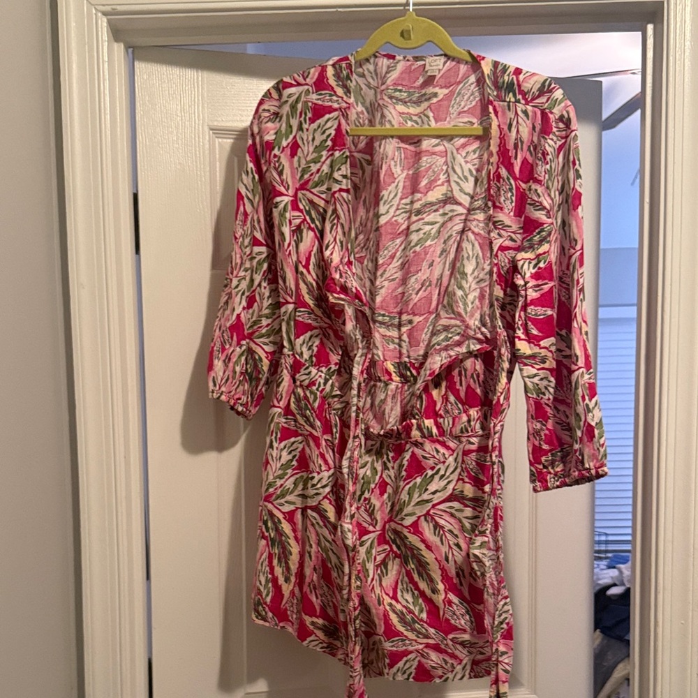 LOFT Pink Leaf-Print Romper with Green and Cream Accents